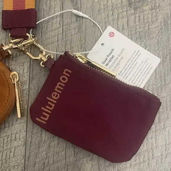 Lululemon Dual Pouch Wristlet Wallet Keychain Maroon Gold Tan Wordmark Strap